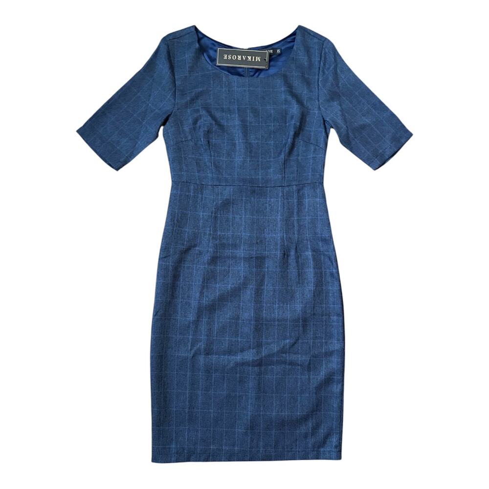 Mikarose XS Navy Blue Merida Plaid Knee Length Dress Career Teacher Modest NWT